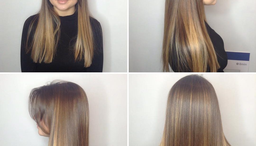 Long Blunt Cut with Long Parted Bangs and Bronde Balayage Long Hairstyle
