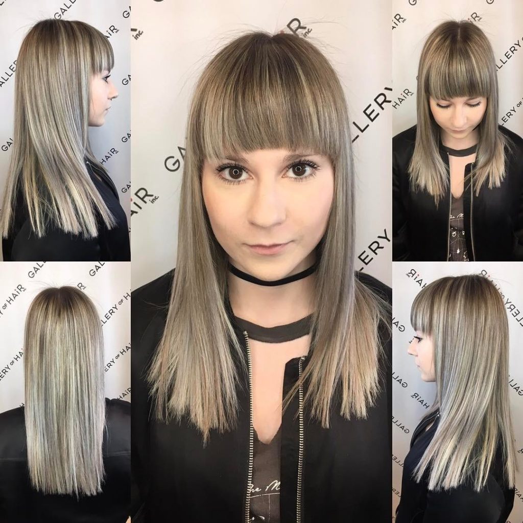 Long Blunt Cut with Textured Ends and Full Brow Skimming Bangs and Ash Blonde Balayage Long Hairstyle