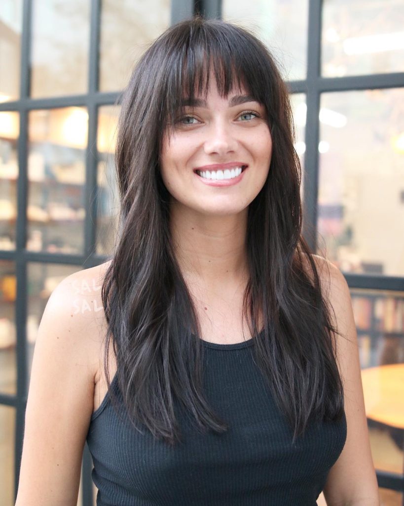 Long Brunette Fringe Cut with Bangs and Soft Messy Waves Long Hairstyle