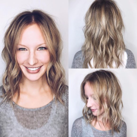 Long Face Framing Lob with Allover Messy Wavy Texture and Soft Blonde Balayage Medium Length Fall Hairstyle