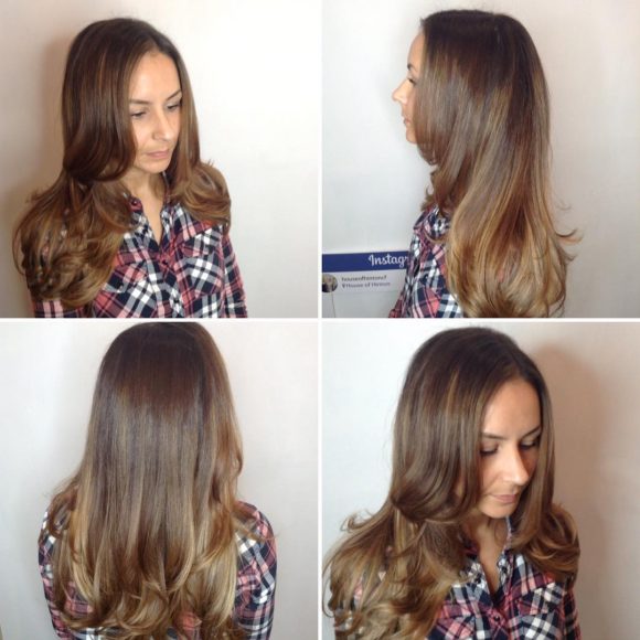 Long Layered Cut with Soft Blowout Waves and Subtle Bronde Balayage Long Hairstyle
