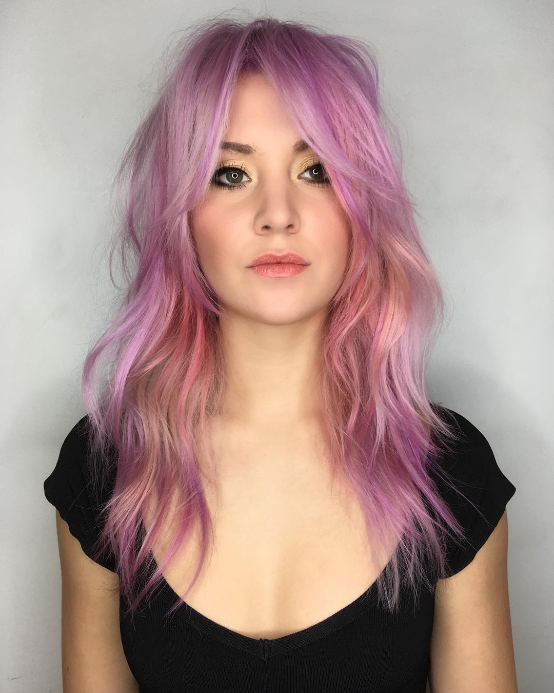 Long Pink Shag Cut with Messy Wavy Texture and Curtain Bangs - The Latest  Hairstyles for Men and Women (2020) - Hairstyleology