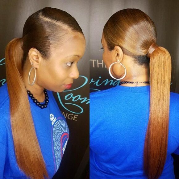 Long Sleek Low Ponytail with Bronze Color Updo Hairstyle