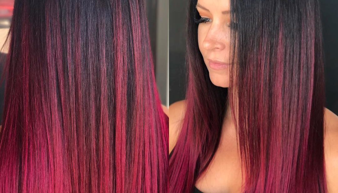 Long Sleek Ruby Magenta Ombre Colored Hair with Short Layers Long Hairstyle