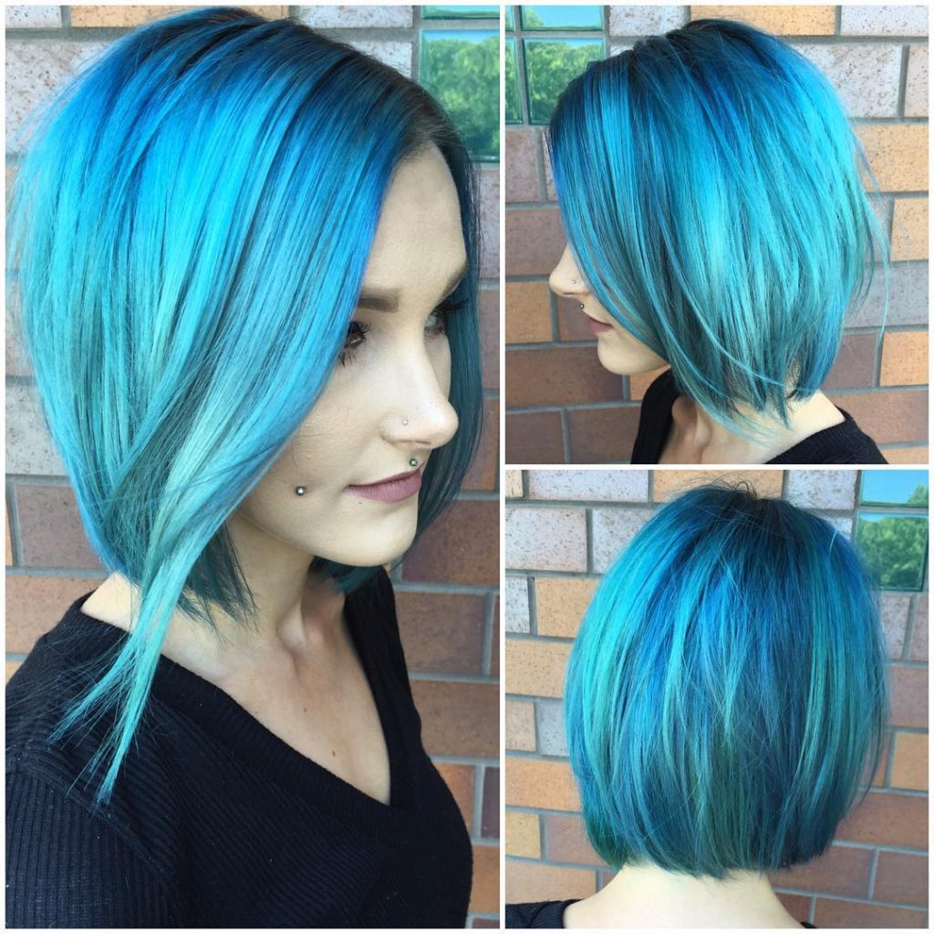 Long Slightly Angled Bob with Allover Aqua Blue Color - The Latest  Hairstyles for Men and Women (2020) - Hairstyleology