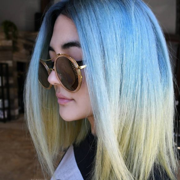 Long Slightly Angled Bob with Straight Texture and Tropical Blue to Yellow Ombre