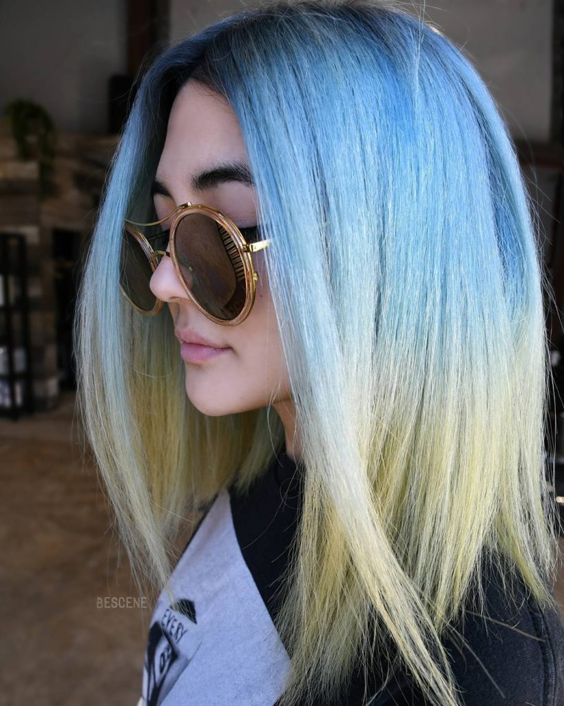 Long Slightly Angled Bob with Straight Texture and Tropical Blue to Yellow  Ombre - The Latest Hairstyles for Men and Women (2020) - Hairstyleology