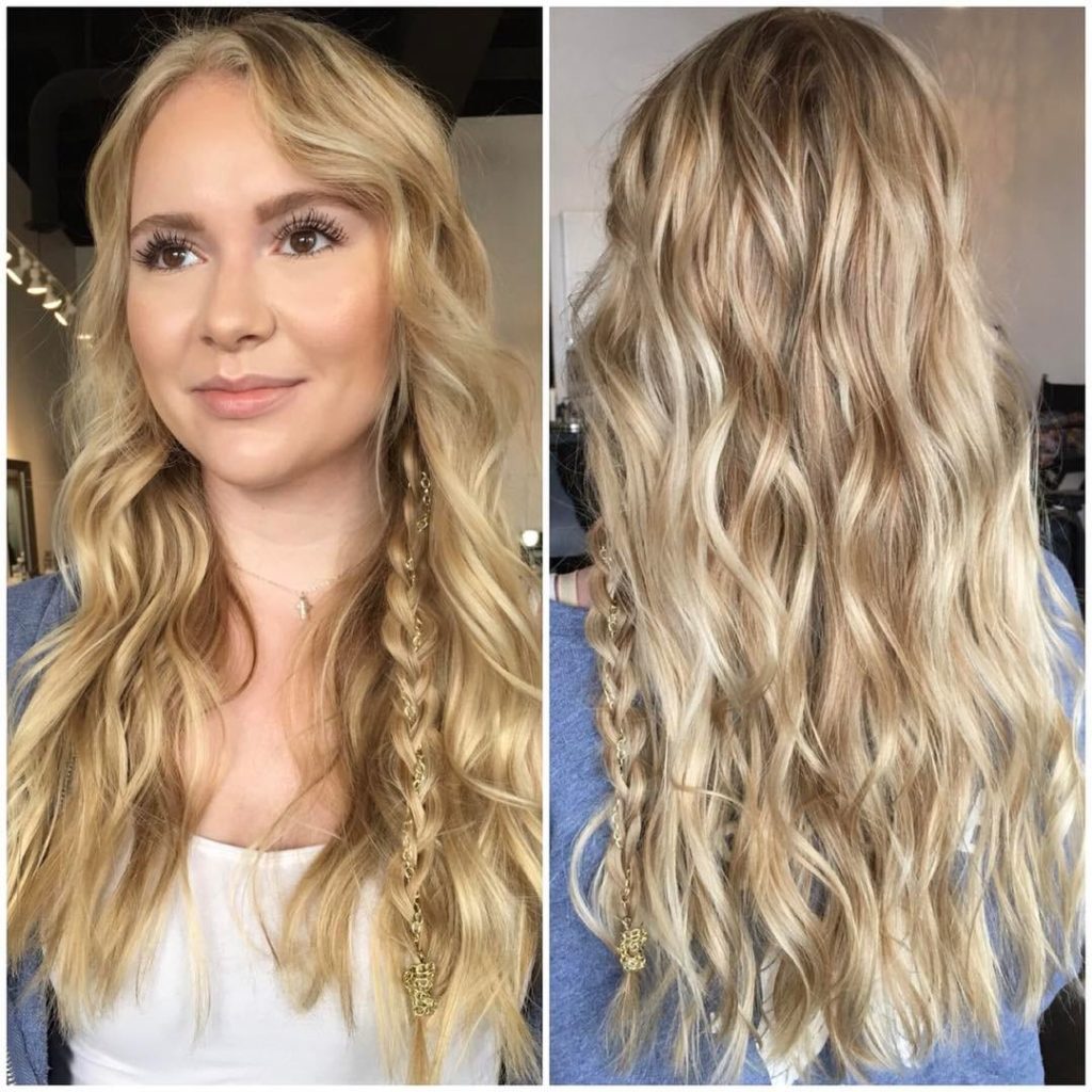 Long Textured Wavy Blonde Lengths with 3-Strand Braid Long Hairstyle