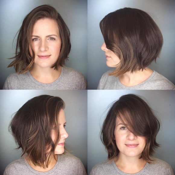 Messy Brunette Textured Bob with Side Swept Bangs and Soft Highlights