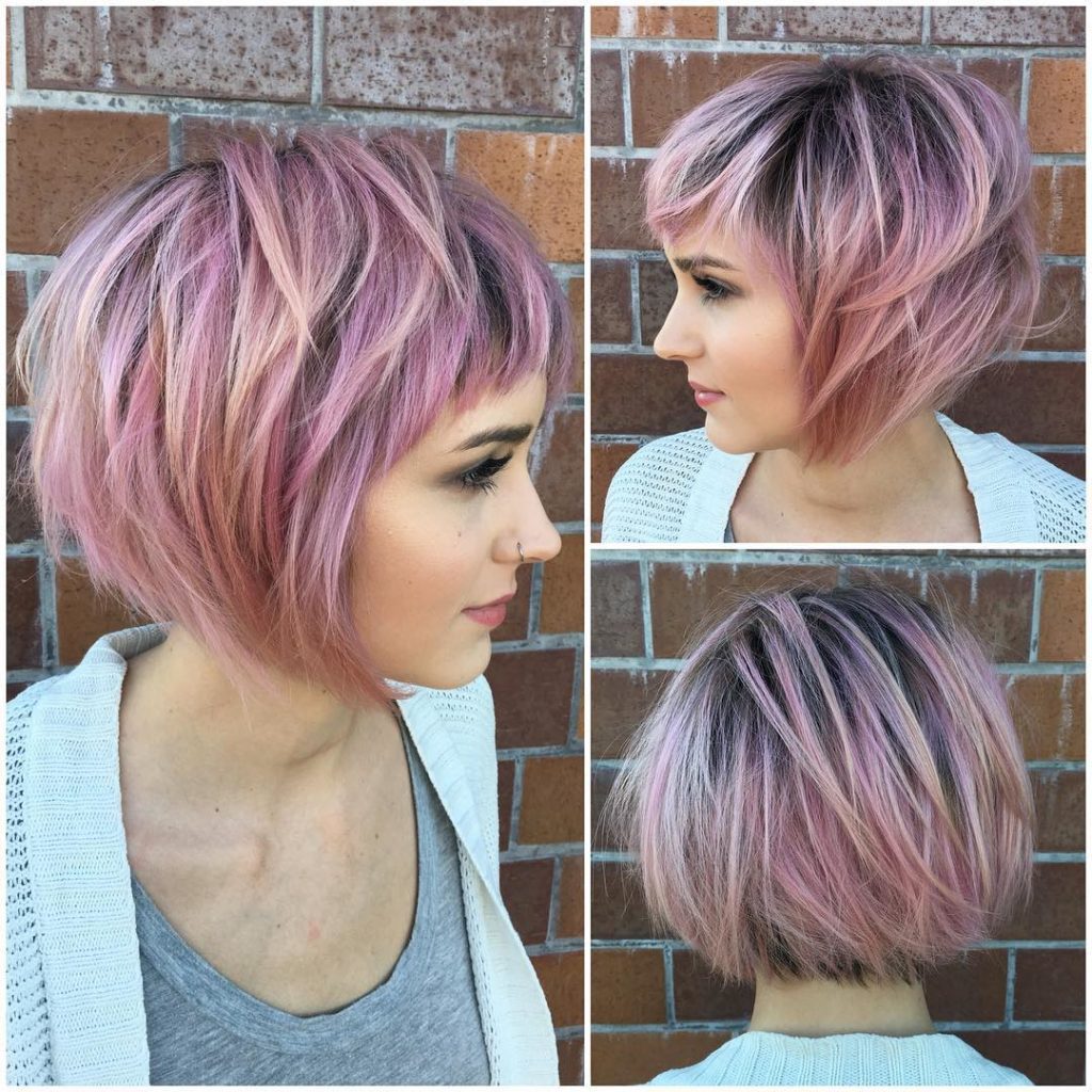 Messy Choppy Pink Highlighted Bob with Baby Bangs Short Hairstyle