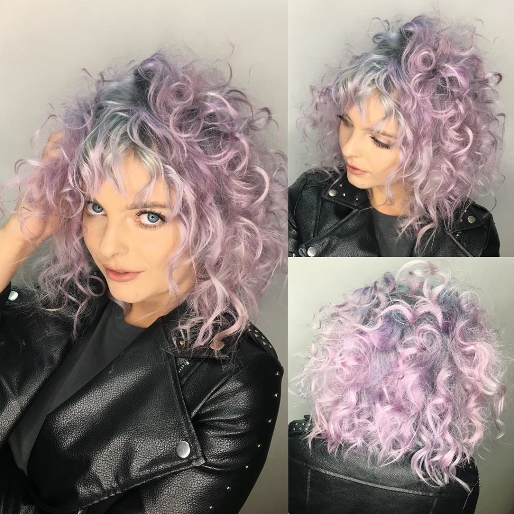 Messy Curly Shoulder Length Cut with Pink Color and Silver Shadow Roots -  The Latest Hairstyles for Men and Women (2020) - Hairstyleology