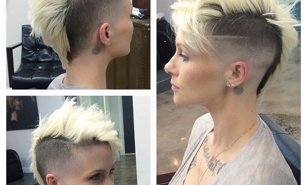 Messy Platinum Mohawk with Fade and Shaved Side Detail Short Hairstyle