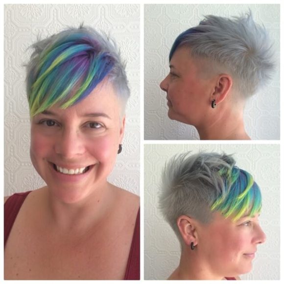 Messy Platinum Textured Pixie with Side Swept Rainbow Highlighted Bangs Short Hairstyle