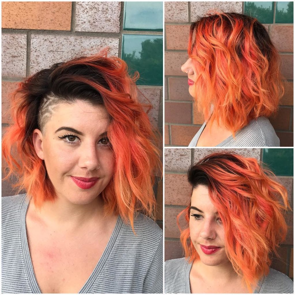 Messy Side Swept Wavy Bob with Orange Ombre Color and Shaved Side Medium Length Hairstyle