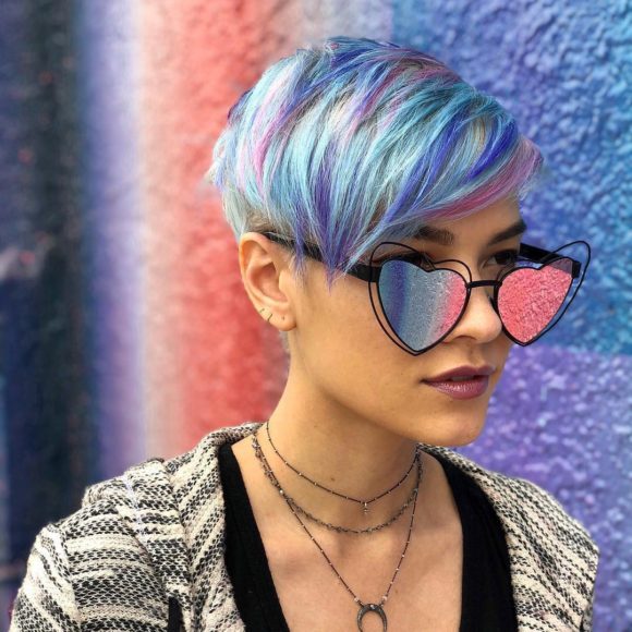 Messy Textured Layered Pixie with Side Swept Bangs and Pastel Rainbow Hand Painted Hair Color