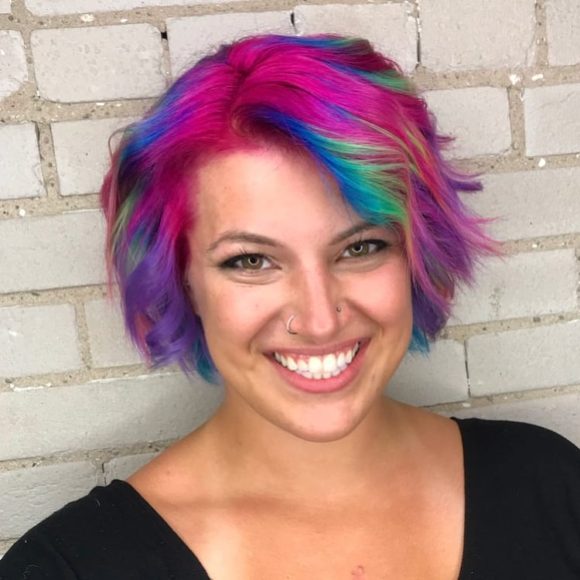 Messy Wavy Textured Bob with Side Swept Bangs and Rainbow Hand Painted Color Medium Length Eccentric Unicorn Hairstyle