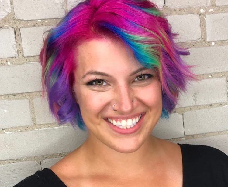 Messy Wavy Textured Bob with Side Swept Bangs and Rainbow Hand Painted Color Medium Length Eccentric Unicorn Hairstyle