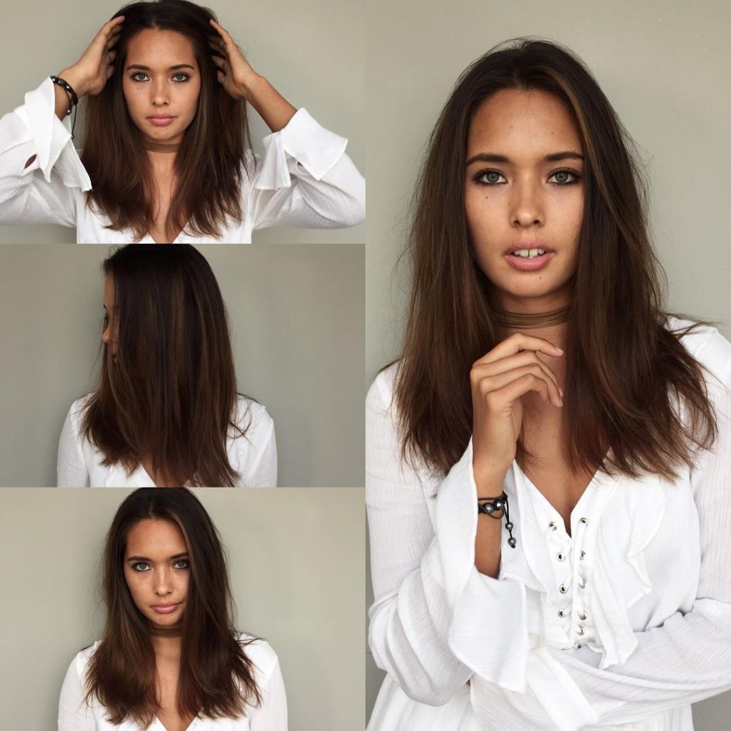 Mid-Length Straight Messy Textured Hair with Seamless Layers and Warm Brunette Hand Painted Color Medium Length Summer Hairstyle