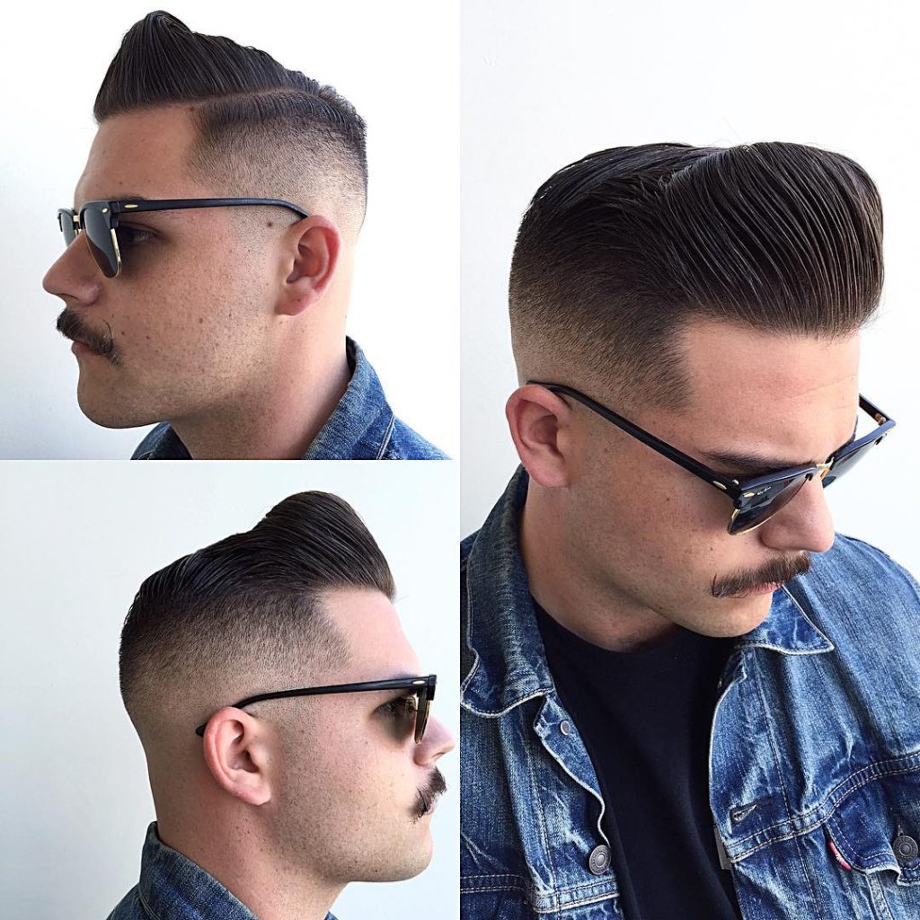 Mod Bald Fade Pompadour with Brown Hair Color Mens Hairstyle