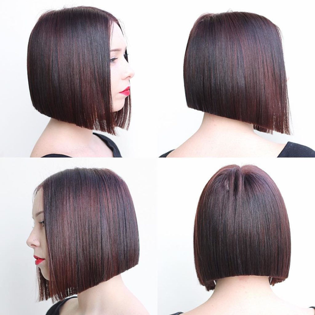 Modern Blunt Angled Bob with Brunette Color and Burgundy Highlights Medium Length Hairstyle