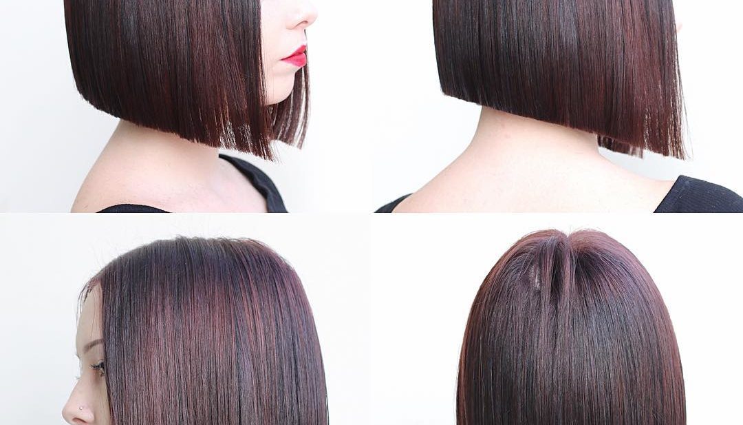 Modern Blunt Angled Bob with Brunette Color and Burgundy Highlights Medium Length Hairstyle