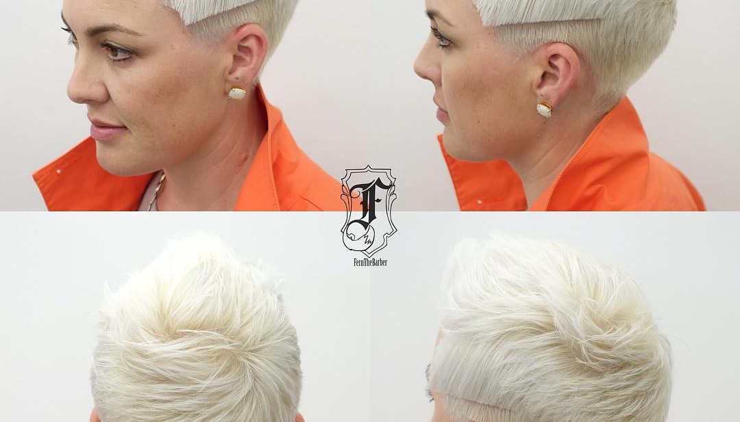 Modern Platinum Textured Pixie with Brushed Up Lengths and Blunt Line Detail Short Hairstyle