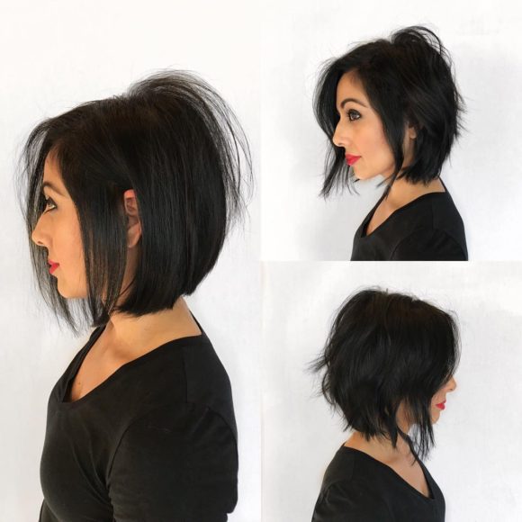 Modern Soft A-Line Bob with Undone Texture and Black Coloring Medium Length Hairstyle