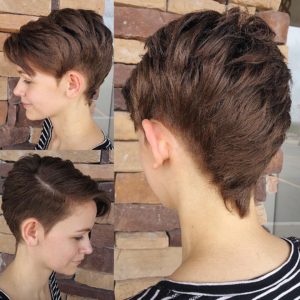 Modern Textured Faux Hawk with Side Swept Bangs and Brunette Color Short Hairstyle