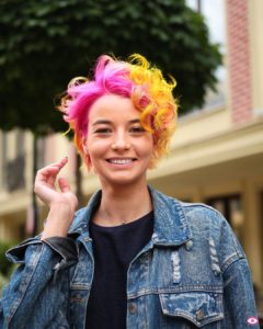 Neon Pink to Yellow Ombre Pixie with Messy Curls Short Eccentric Summer Hairstyle
