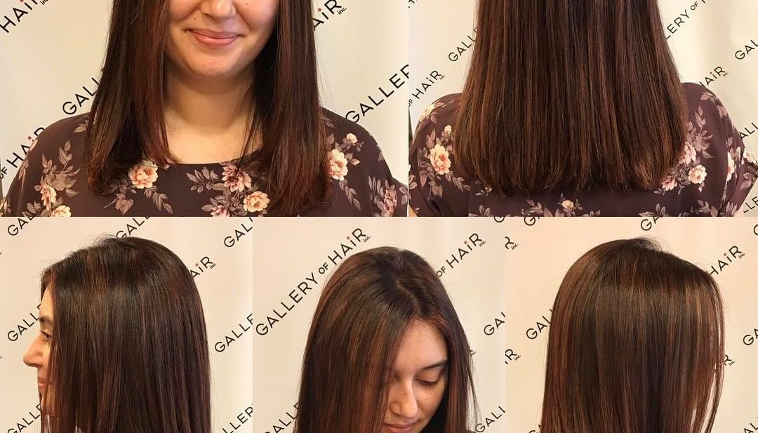 One Length Cut with Textured Ends and Warm Brunette Color with Highlights Medium Length Hairstyle