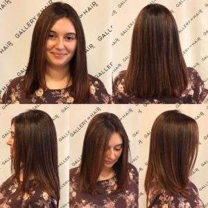 One Length Cut with Textured Ends and Warm Brunette Color with Highlights Medium Length Hairstyle