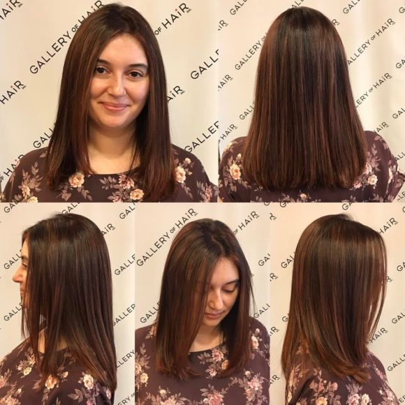 One Length Cut with Textured Ends and Warm Brunette Color with Highlights