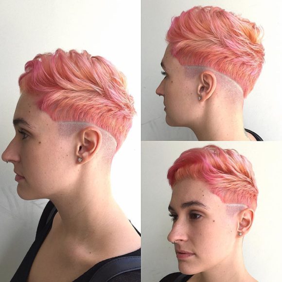 Peach Colored Wavy Textured Pixie with Shave Detail