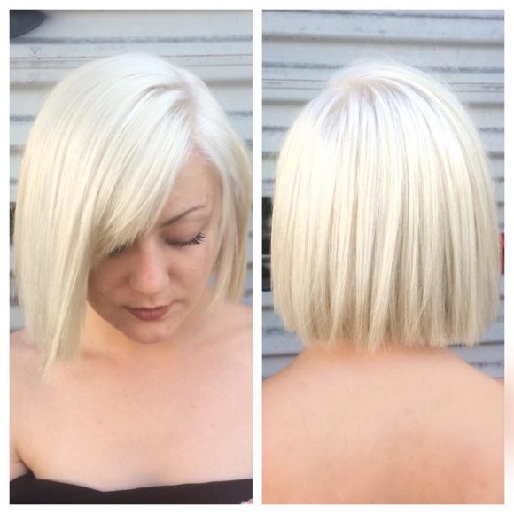 Platinum Blunt Cut Bob with Textured Ends and Side Swept Bangs