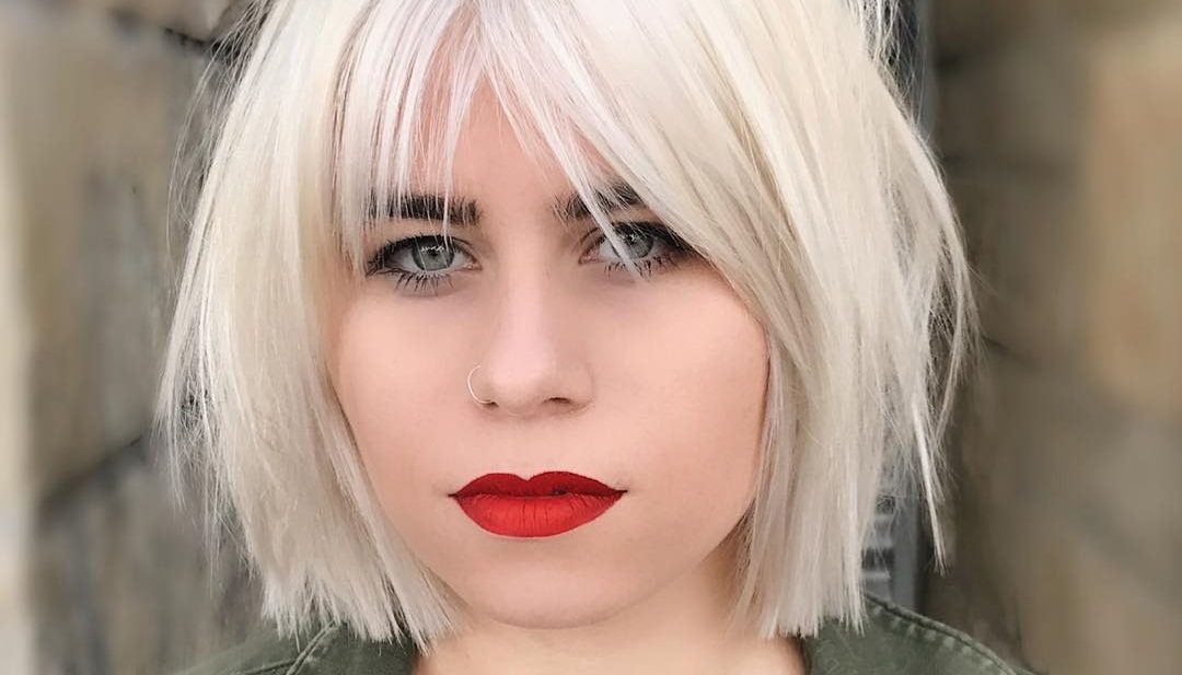 Platinum Choppy Bob with Parted Fringe Bangs and Undone Straight Texture Medium Length Hairstyle