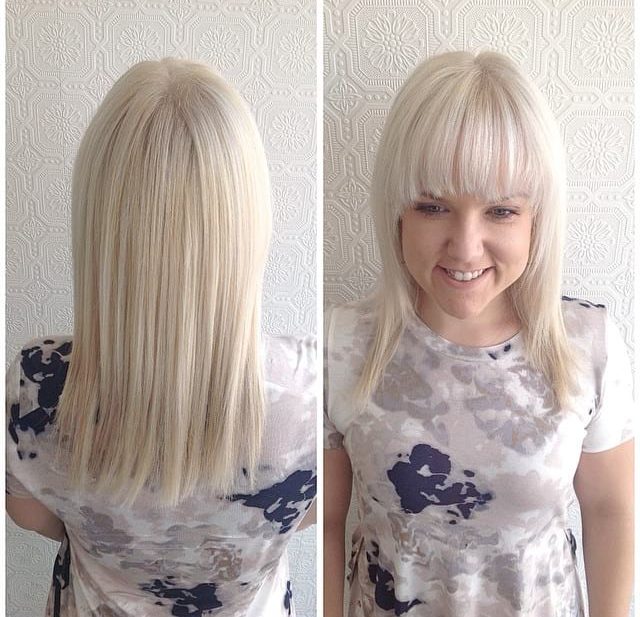 Platinum Face Framing Cut with Textured Ends and Full Brow Skimming Bangs Long Hairstyle