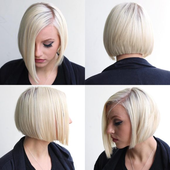 Platinum Shaped Bob with Clean Lines and Side Part Short Hairstyle