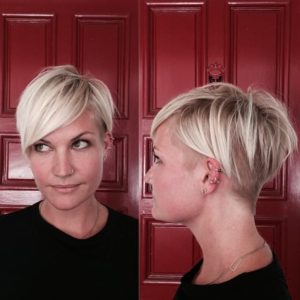 Platinum Side Swept Undercut Pixie with Bangs and Undone Texture Short Hairstyle