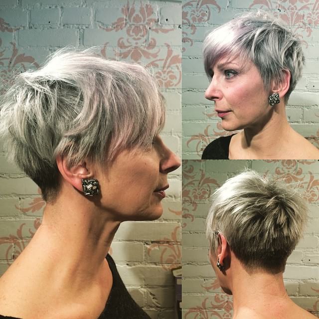 Platinum Silver Pixie with Feathered Texture and Bangs Short Hairstyle