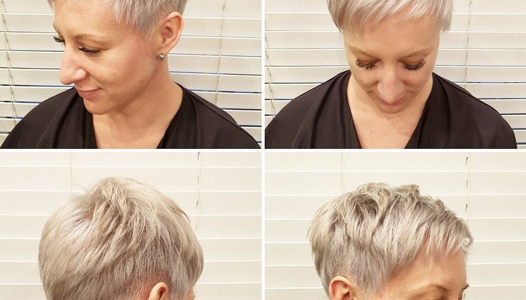 Platinum Textured Pixie with Taper and Asymmetric Bangs Short Hairstyle