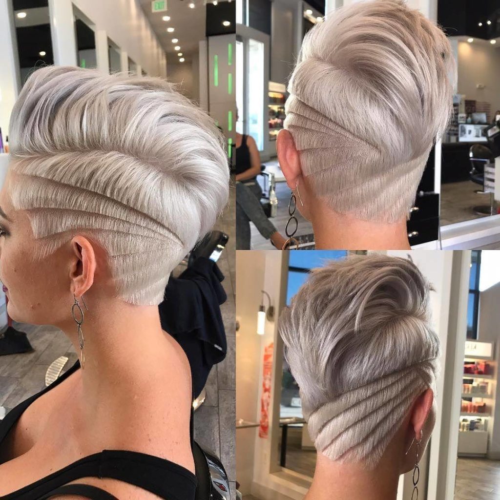 Platinum Undercut Pixie with Blunt Lined Shave Art Details Short Hairstyle