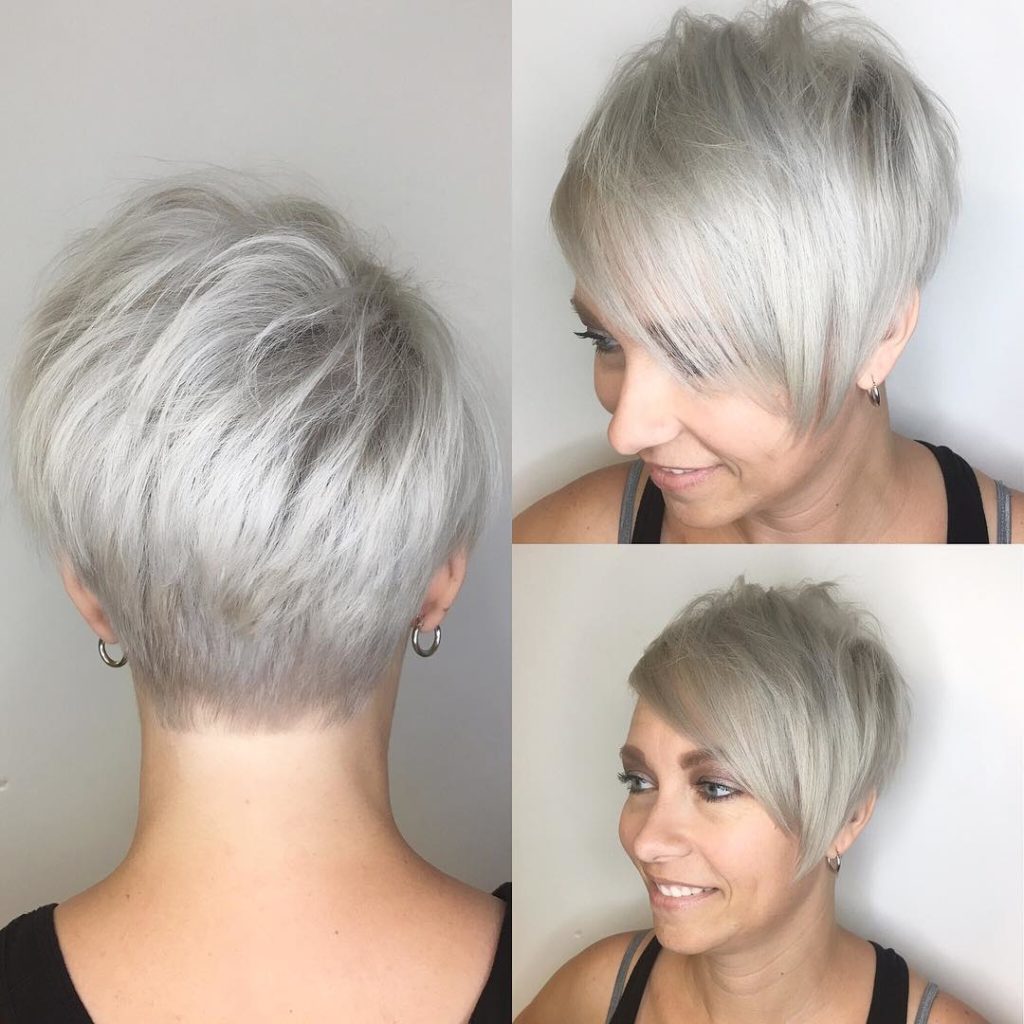 Polished Platinum Asymmetrical Textured Pixie with Side Swept Bangs Short Hairstyle