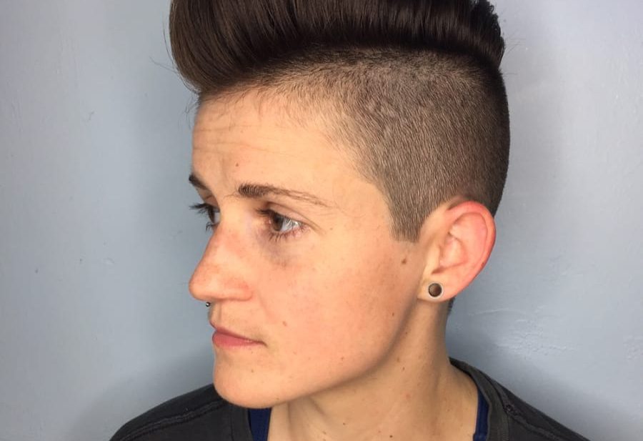 Pompadour Faux Hawk with Skin Fade and Warm Brunette Hair Color Short Fall Hairstyle