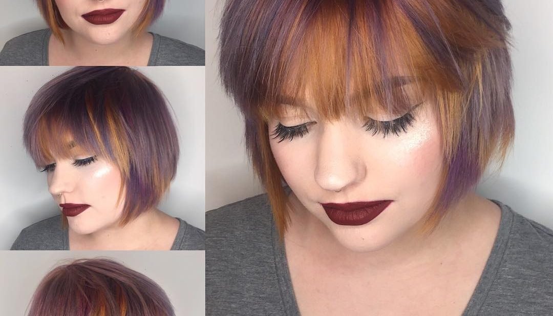 Purple and Copper Streaked Layered Bob with Feathered Bangs Short Hairstyle