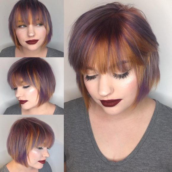 Purple and Copper Streaked Layered Bob with Feathered Bangs