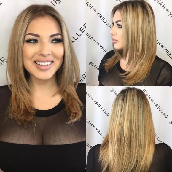 Razor Cut Layered Blowout with Face Framing Layers and Blonde Color Melt Balayage Medium Length Hairstyle