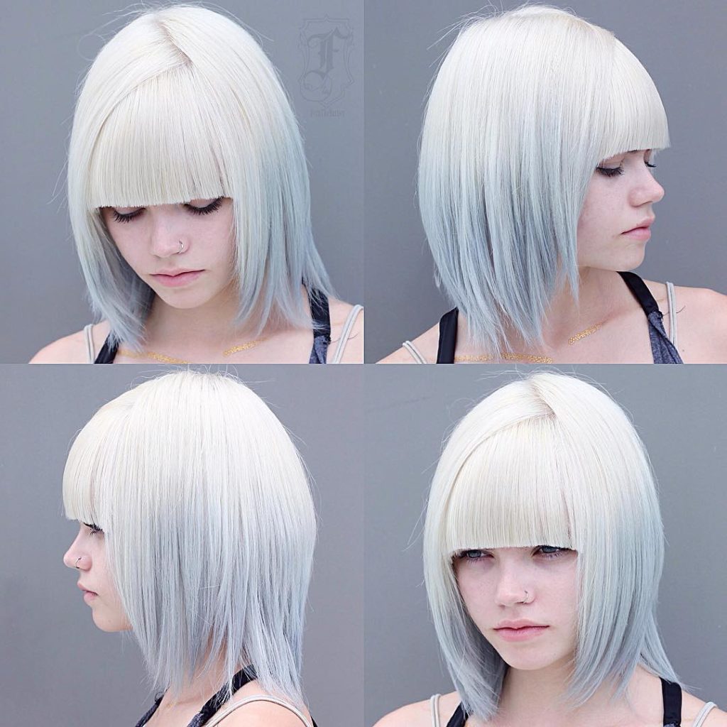 Reverse Silver Ombre on Choppy Bob with Blunt Bangs Medium Length Hairstyle