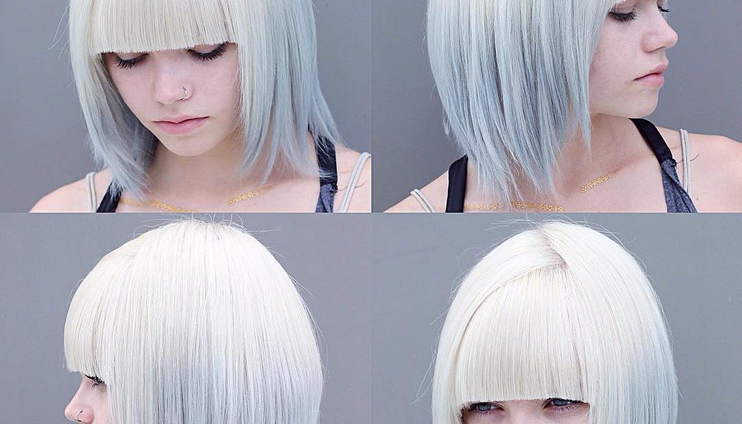Reverse Silver Ombre on Choppy Bob with Blunt Bangs Medium Length Hairstyle