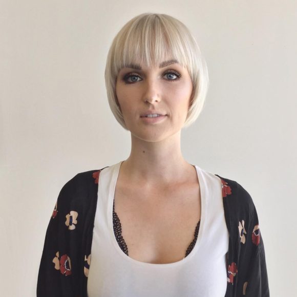 Rounded Face Framing Bob with Fringe Bangs and Platinum Color