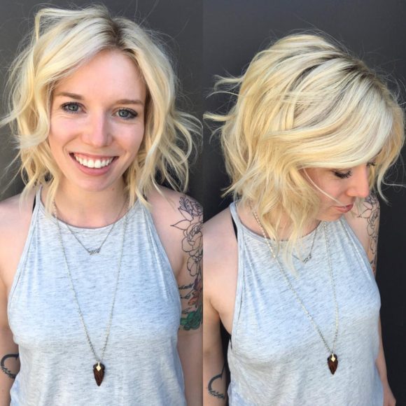 Sexy Blonde Bob with Tousled Texture and Long Curtain Bangs Medium Length Hairstyle